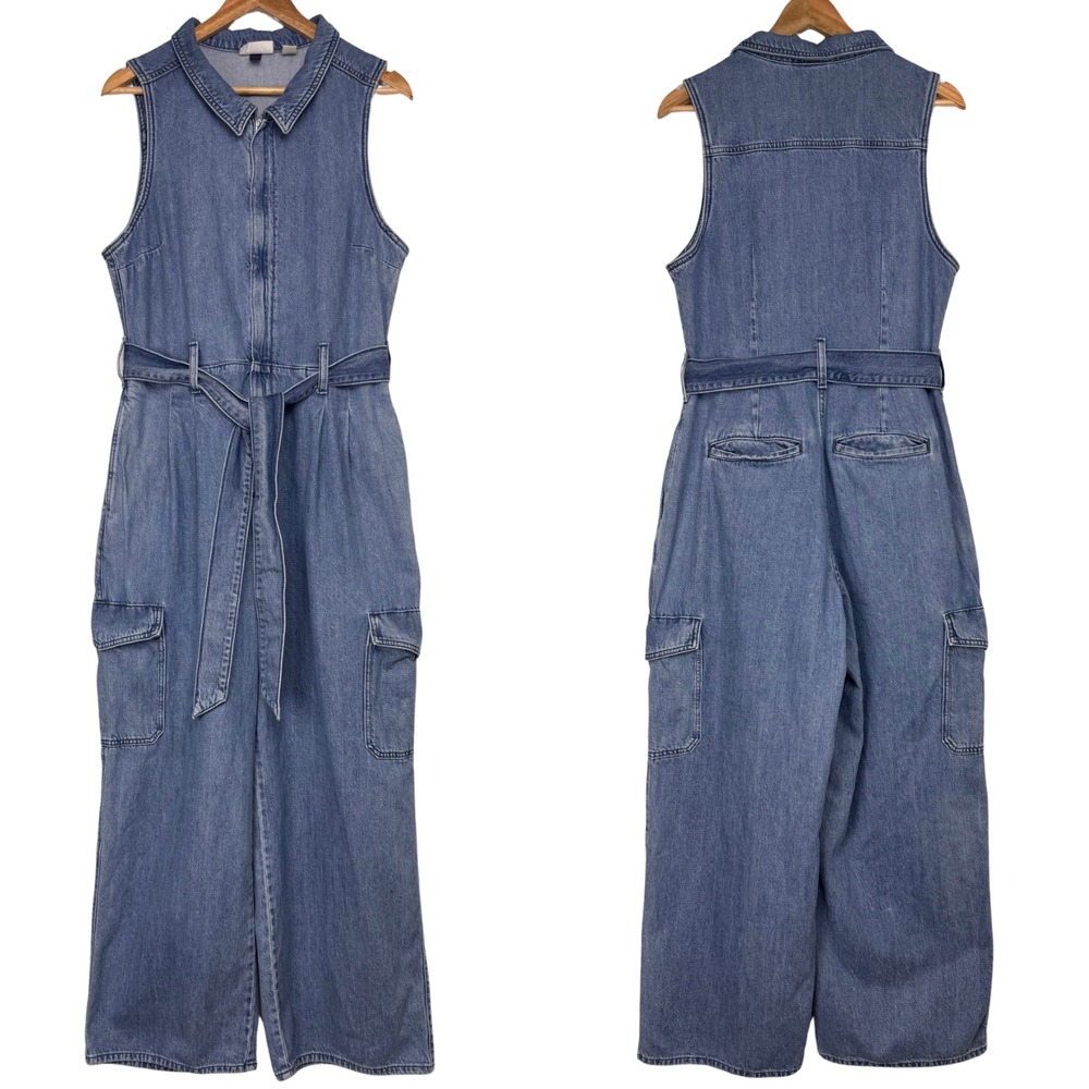 Sleeveless Denim Jumpsuit with Belt - Blue